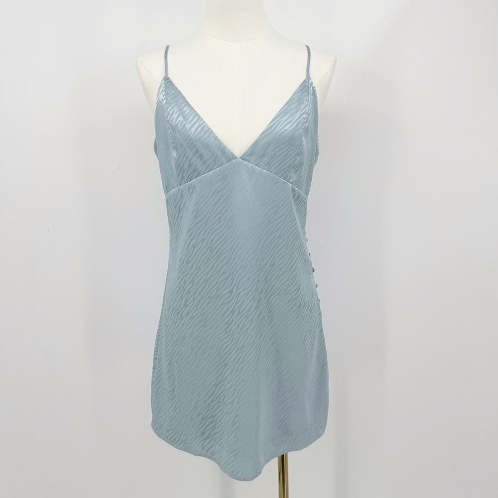 Forever 21‎ Satin Mini Slip Dress M Blue V Neck Side Button Summer Y2k Coquette